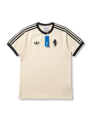 ユベントス×adidas Originals復刻ライフスタイルTシャツ正面・クリーム、ブラック3本ストライプ袖・ヴィンテージ跳馬エンブレム・背面JUVENTUSレトロテキスト・タグ付き未使用