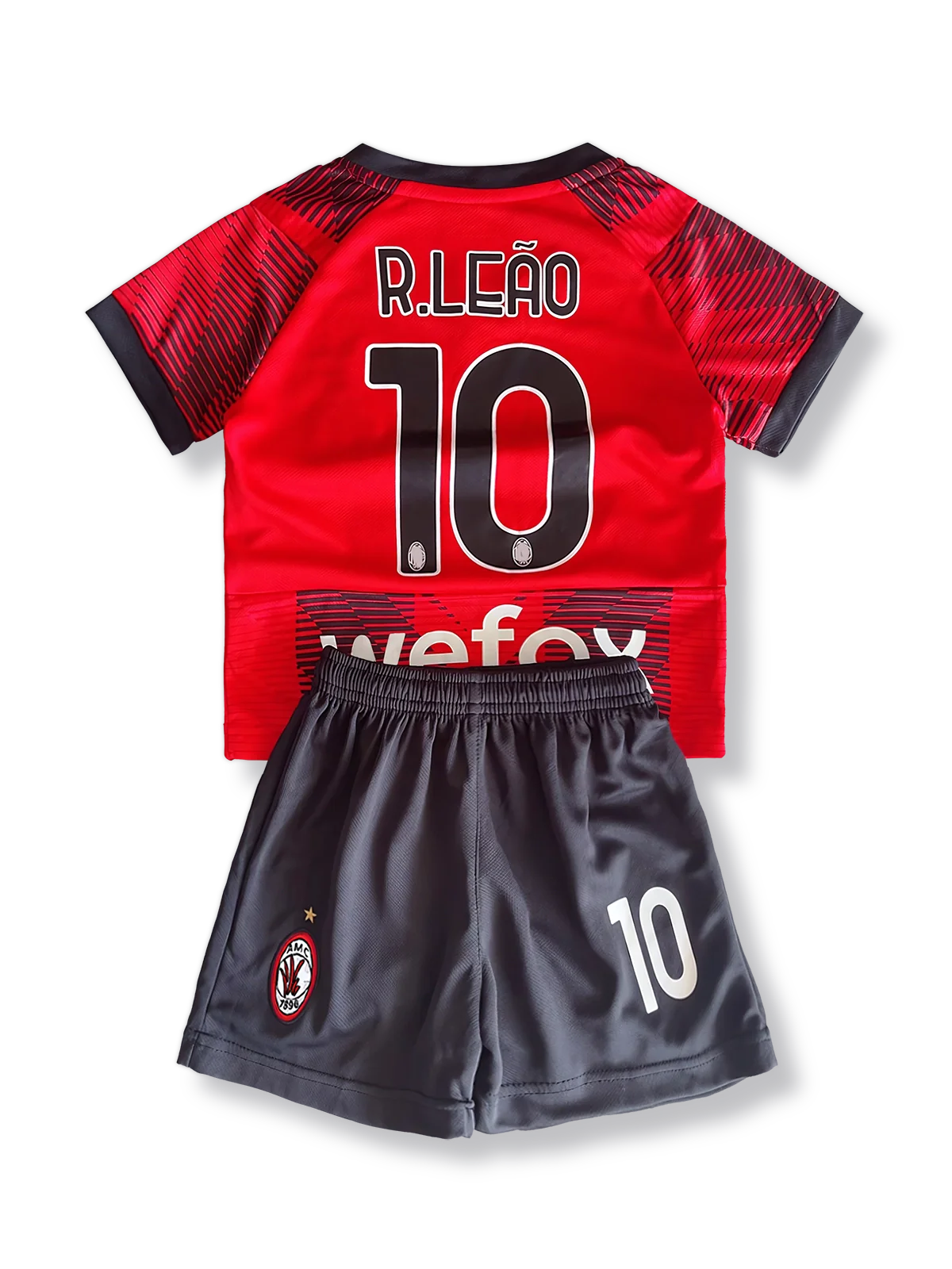 子供用ACミランユニフォームセット ラファエル・レアオ 背番号10 赤黒縦縞 ゴールドアクセント クラブエンブレム刺繍