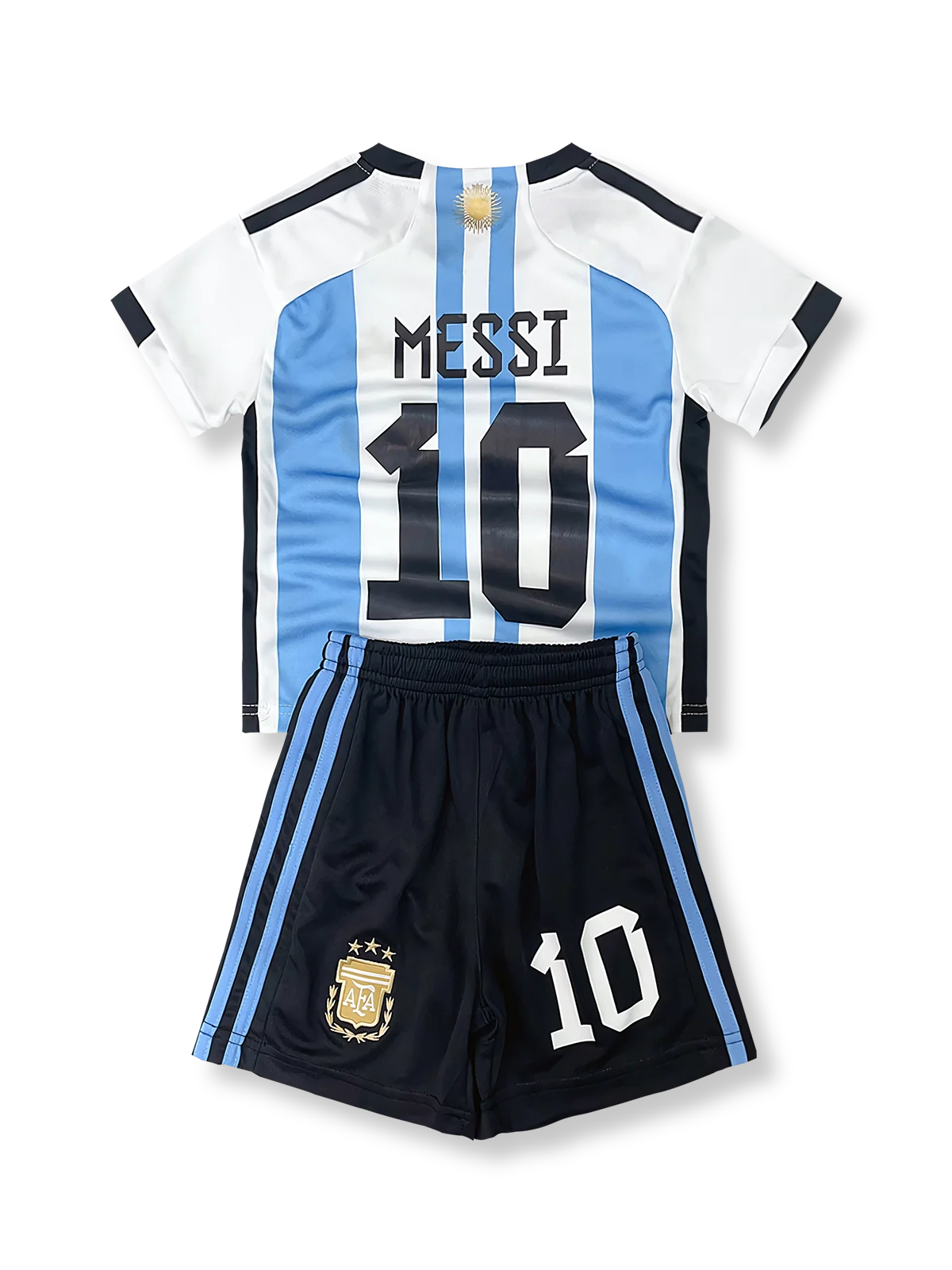 子供用アルゼンチン代表ユニフォームセット リオネル・メッシ 背番号10 水色白縦縞 黒アクセント エンブレム刺繍