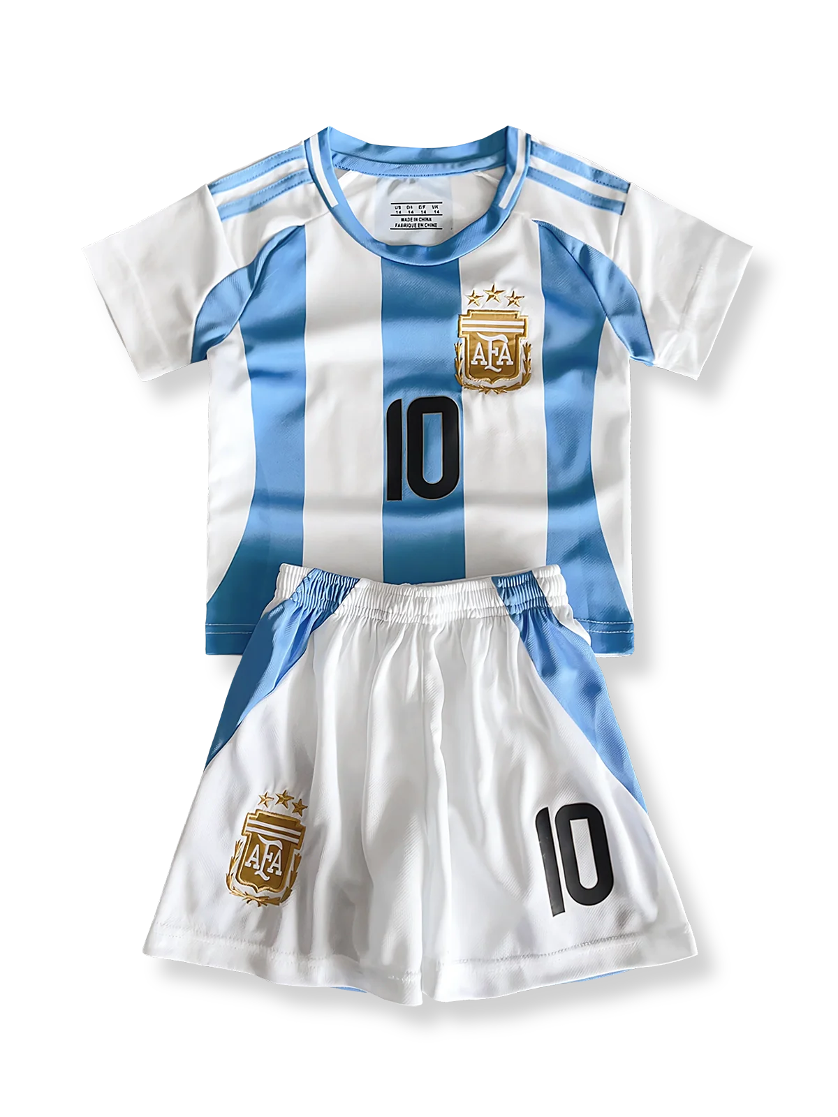 子供用アルゼンチン代表ユニフォームセット リオネル・メッシ 背番号10 水色白縦縞 黒アクセント エンブレム刺繍