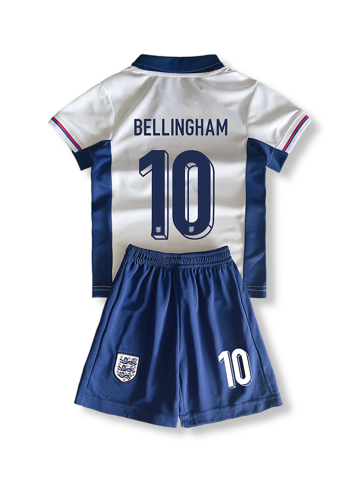 子供用イングランド代表ユニフォームセット ジュード・ベリンガム 背番号10 ホワイト 赤アクセント イングランド連盟エンブレム刺繍