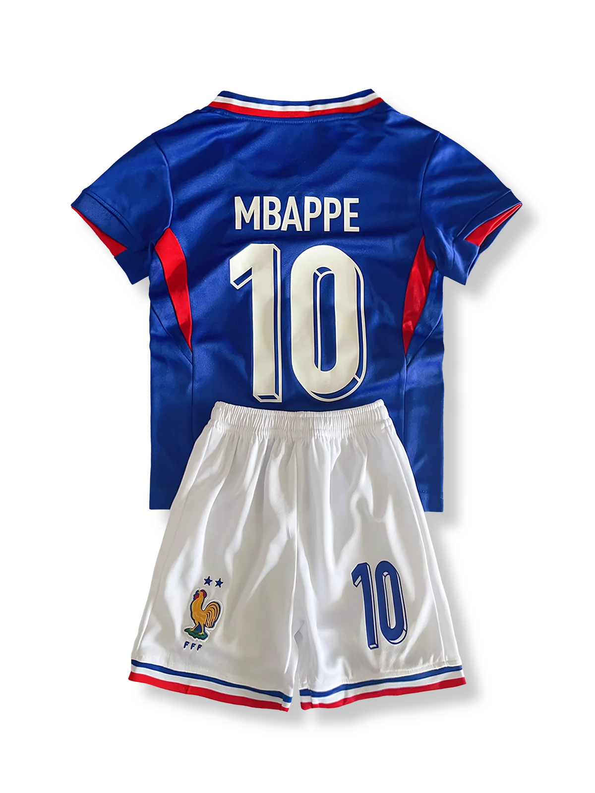 子供用フランス代表ユニフォームセット キリアン・ムバッペ 背番号10 ブルー 白赤アクセント フランス連盟エンブレム刺繍