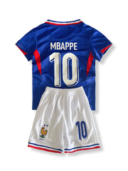 子供用フランス代表ユニフォームセット キリアン・ムバッペ 背番号10 ブルー 白赤アクセント フランス連盟エンブレム刺繍