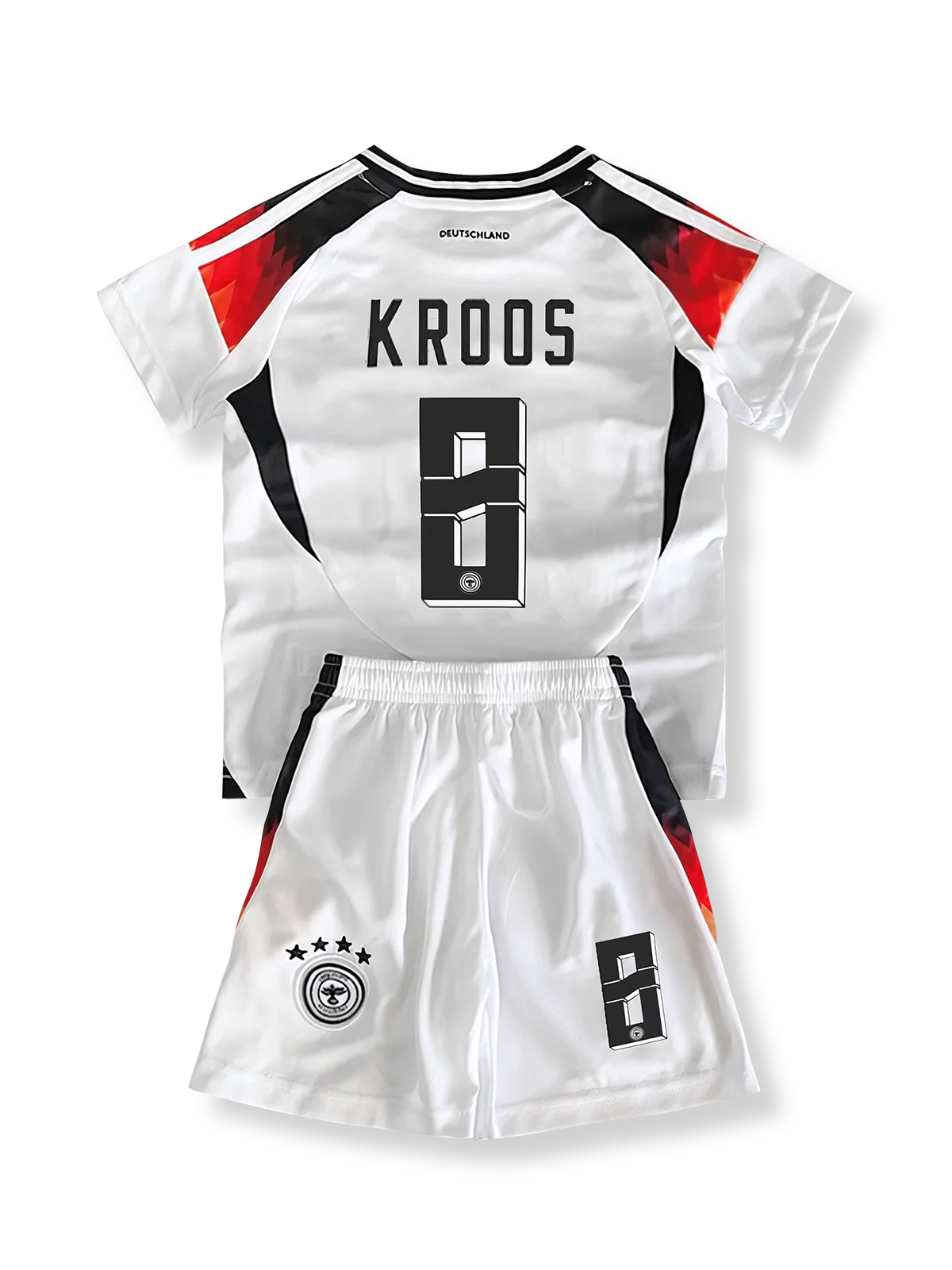 子供用ドイツ代表ユニフォームセット トニ・クロース 背番号8 白 黒赤アクセント ドイツ連盟エンブレム刺繍
