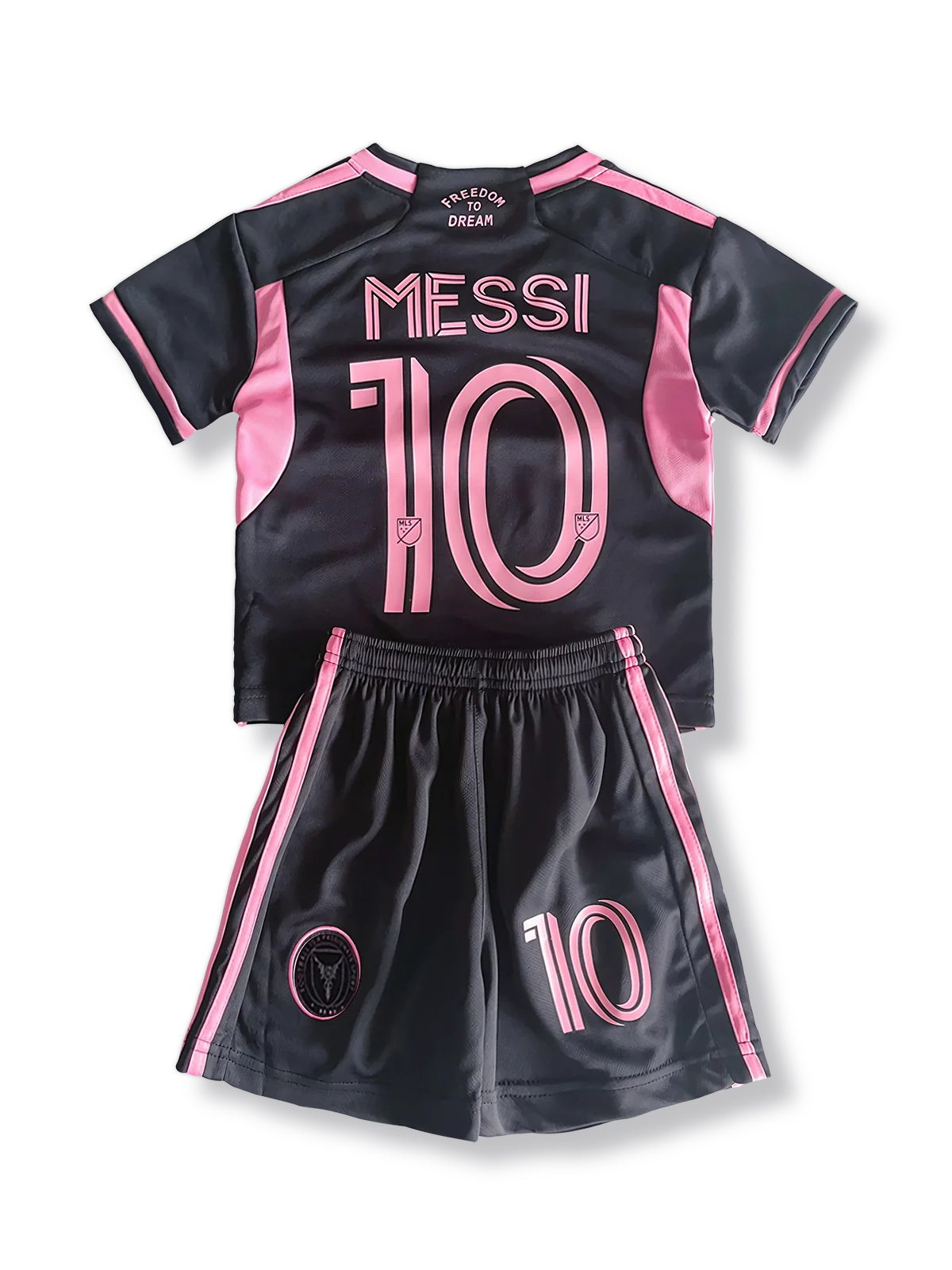 子供用インテル・マイアミユニフォームセット リオネル・メッシ 背番号10 ピンク 黒白アクセント クラブエンブレム刺繍