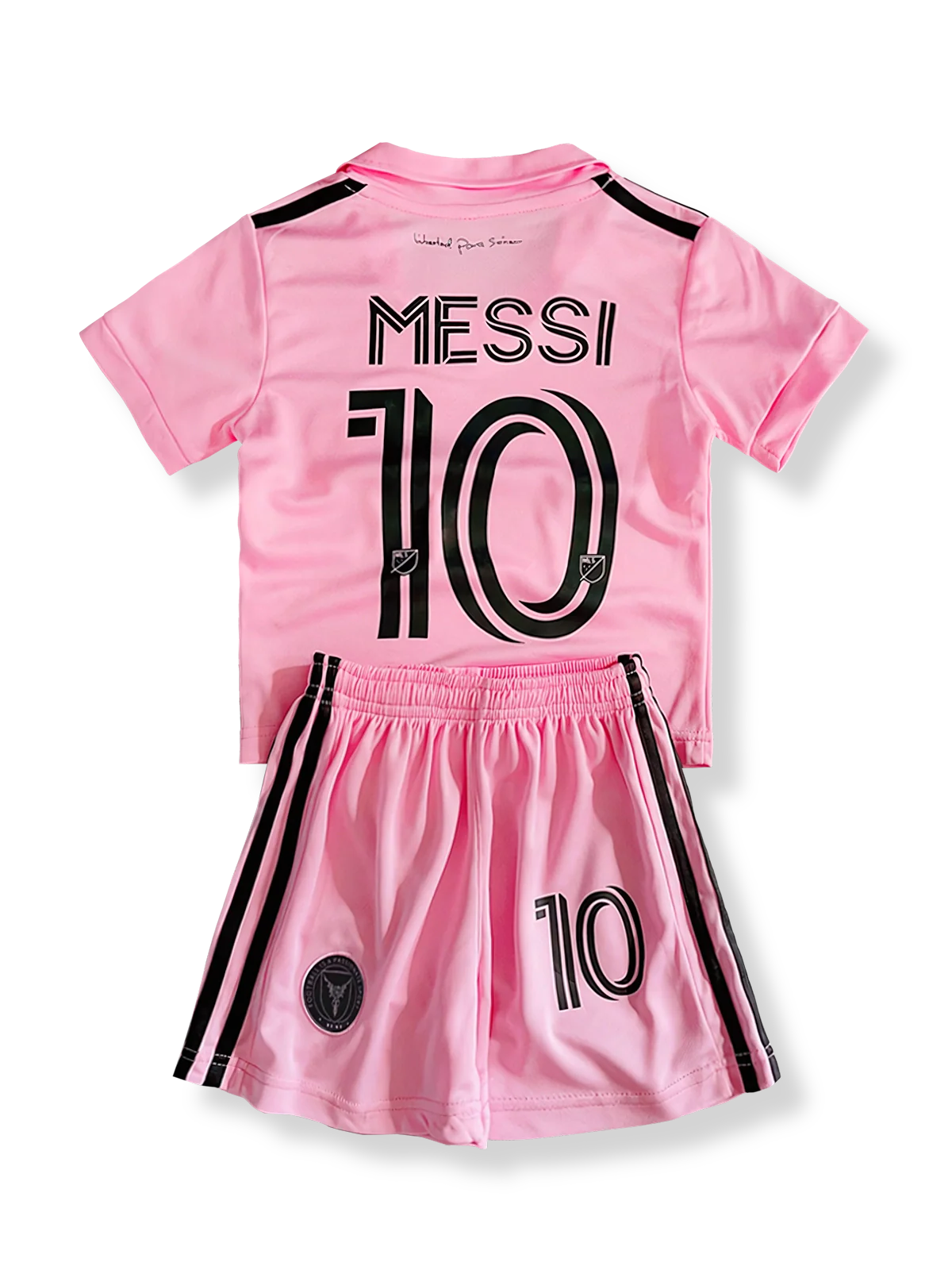 子供用インテル・マイアミユニフォームセット リオネル・メッシ 背番号10 ピンク 黒白アクセント クラブエンブレム刺繍