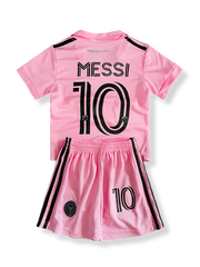 子供用インテル・マイアミユニフォームセット リオネル・メッシ 背番号10 ピンク 黒白アクセント クラブエンブレム刺繍