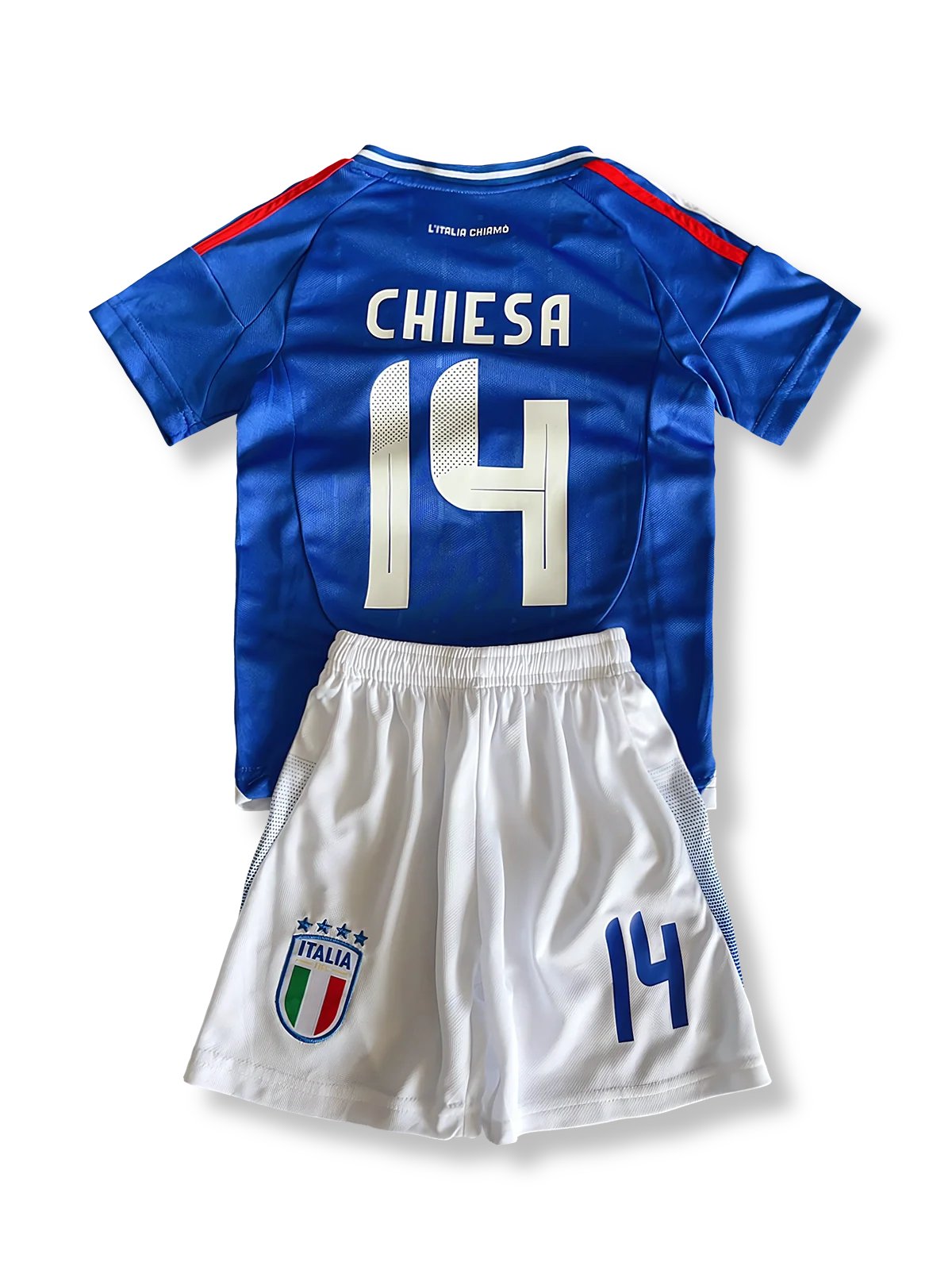 子供用イタリア代表ユニフォームセット フェデリコ・キエーザ 背番号14 青 白赤アクセント イタリア連盟エンブレム刺繍