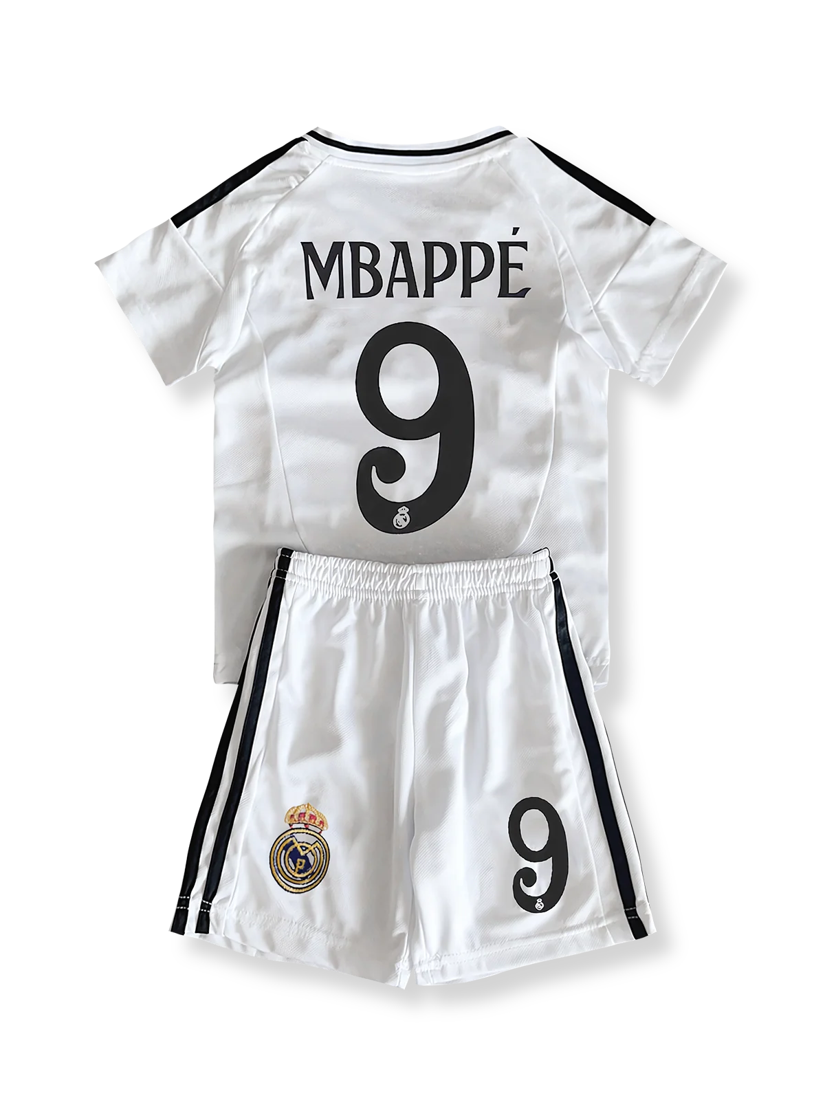 子供用レアル・マドリードユニフォームセット キリアン・ムバッペ 背番号9 ホワイト ゴールドネイビーアクセント クラブエンブレム刺繍