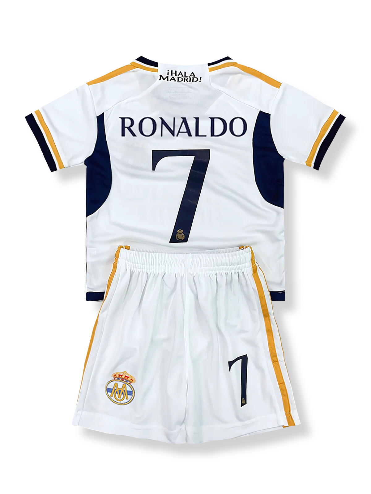 子供用レアル・マドリードユニフォームセット クリスティアーノ・ロナウド 背番号7 ホワイト ゴールドネイビーアクセント クラブエンブレム刺繍
