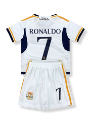 子供用レアル・マドリードユニフォームセット クリスティアーノ・ロナウド 背番号7 ホワイト ゴールドネイビーアクセント クラブエンブレム刺繍