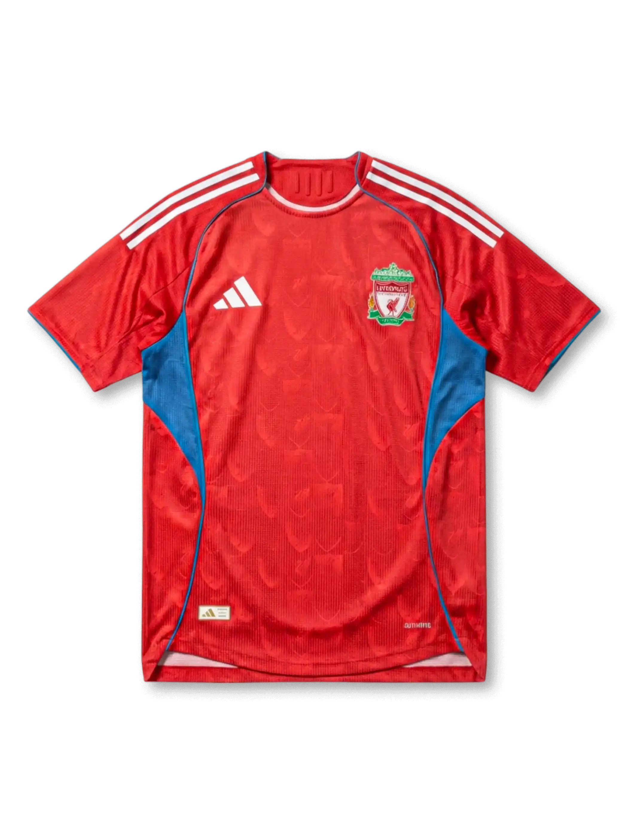 リバプールFC×adidasスペシャルエディション正面、レッド×LFCシールドトーテムジャカード・ブルーサイドパネル・ホワイト3本ストライプ・ヴィンテージLFCエンブレム・AUTHENTIC仕様