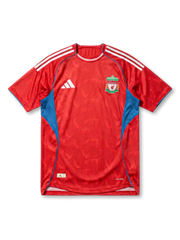 リバプールFC×adidasスペシャルエディション正面、レッド×LFCシールドトーテムジャカード・ブルーサイドパネル・ホワイト3本ストライプ・ヴィンテージLFCエンブレム・AUTHENTIC仕様