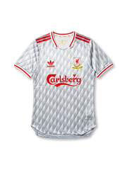 リバプールFC×ビートルズ×adidas Originalsスペシャルエディション正面、ホワイト×グレーダイヤモンドジャカード・レッドリブカラー・Carlsbergスポンサー・LFCエンブレム