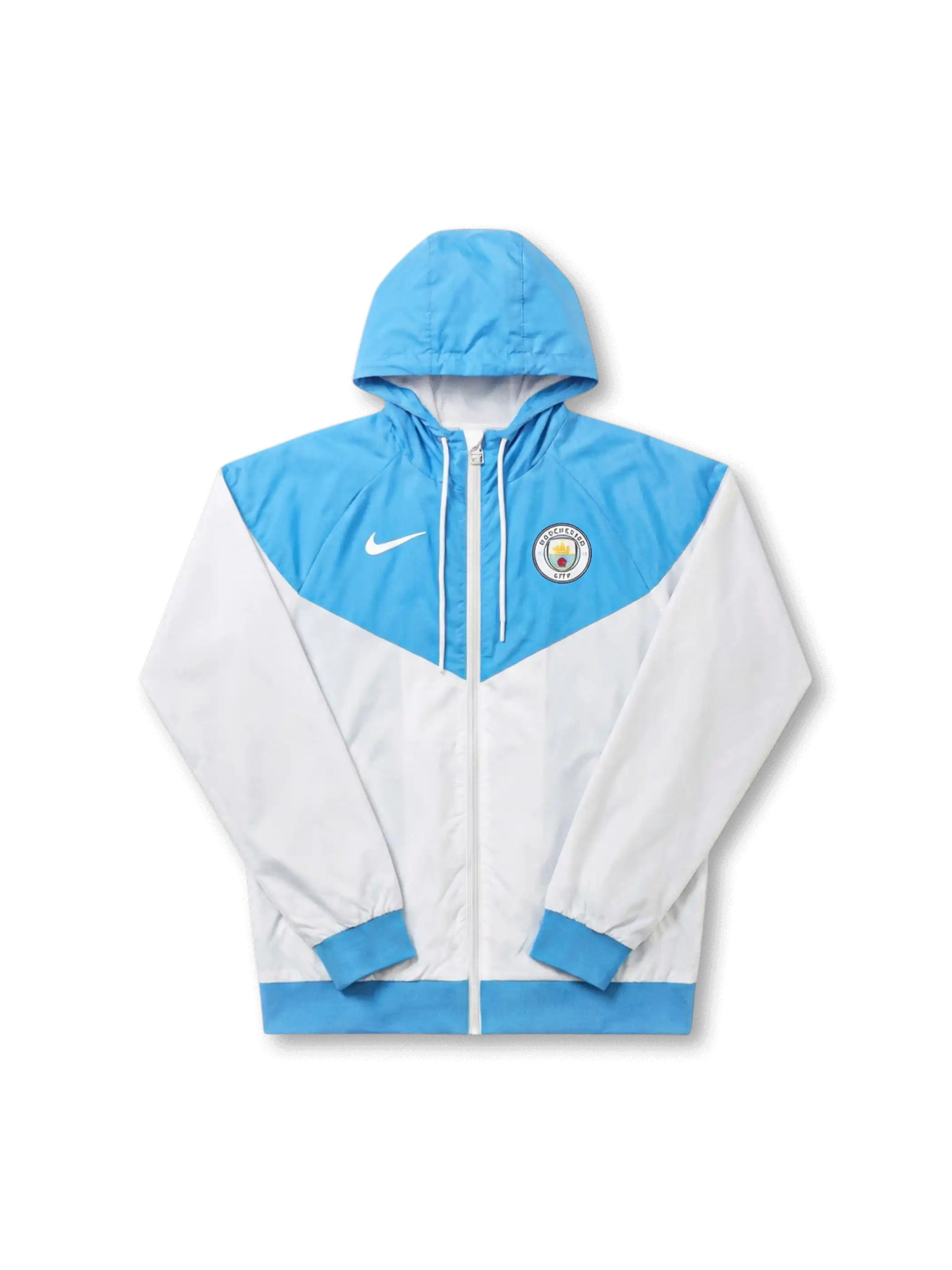 マンチェスター・シティ Nike ウィンドランナージャケット スカイブルー/ホワイト — 逆V字パネル切替と円形エンブレム刺繍を配した公式トレーニングライン