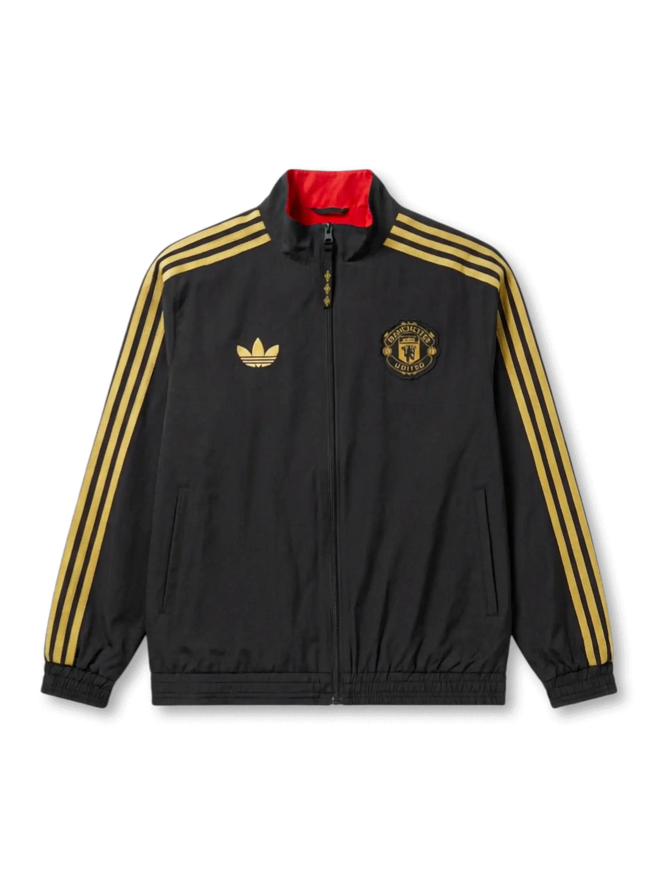マンチェスター・ユナイテッド×adidas Originals春節トラックジャケット正面、レッド×ゴールドadidasトレフォイル・金刺繍レッドデビルエンブレム・装飾ジップ引き手・コンビ裾タグ