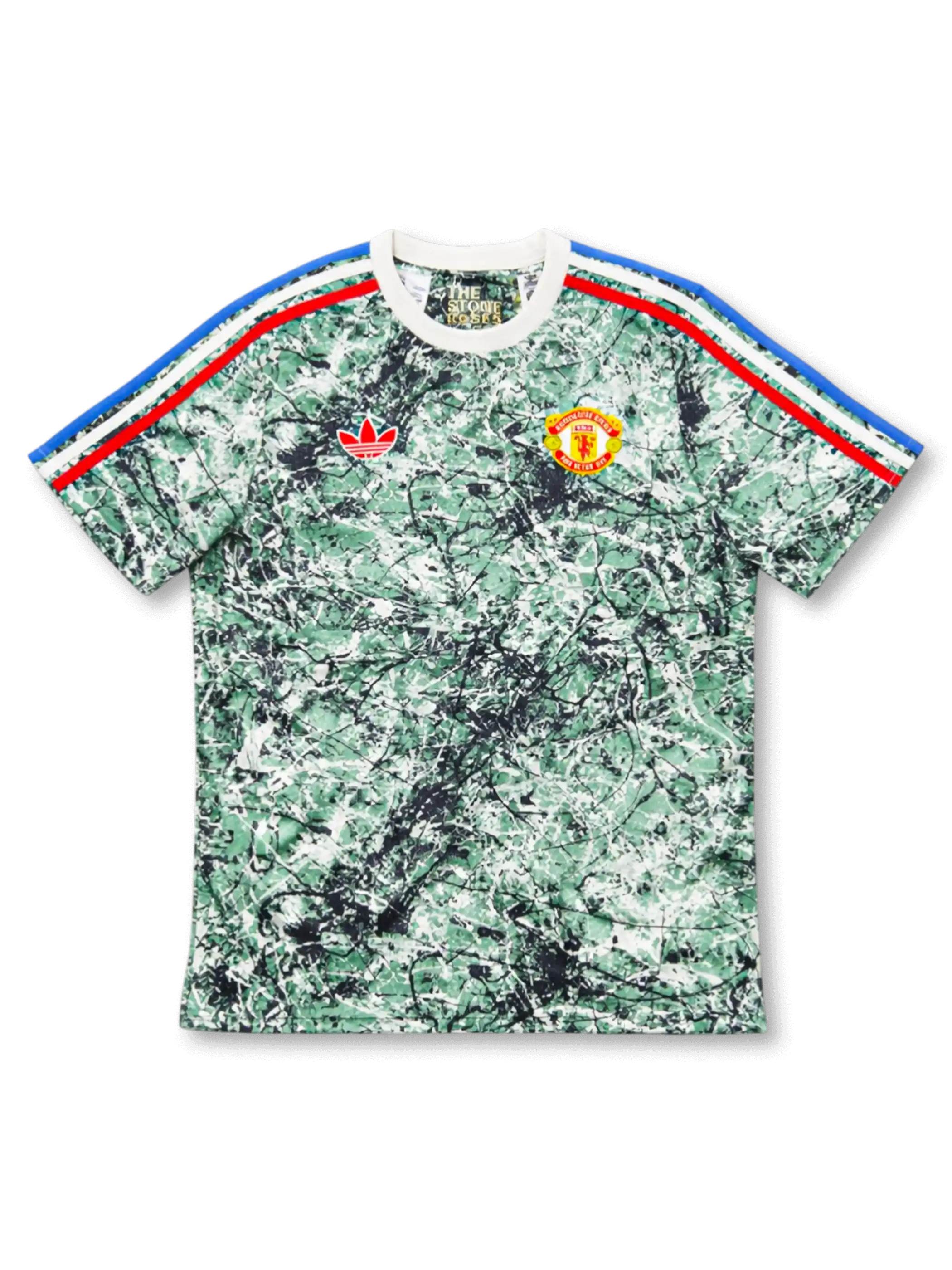 マンチェスター・ユナイテッド Stone Rosesグリーンスプラッター限定正面、THE STONE ROSES刺繍カラー・トリコロール袖