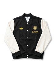 MU×adidas Originals×Tezosバーシティボンバージャケット正面・ブラック×クリーム、モアレボディ・ゴールドadidasトレフォイルMUエンブレム・TezosスポンサーロゴYellow