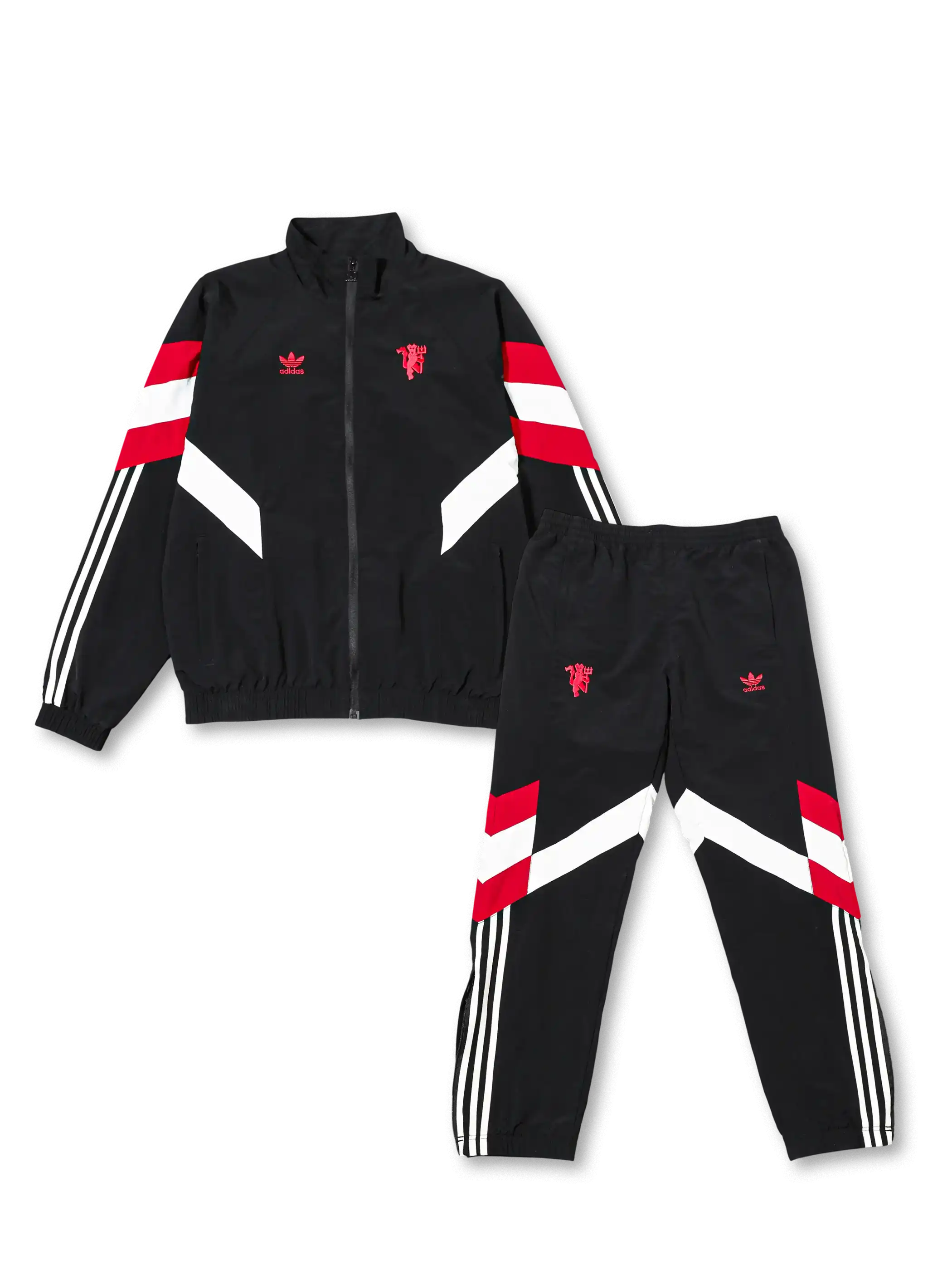 マンチェスター・ユナイテッド レトロ三つ葉ジャケット前面 ブラック×レッド切替