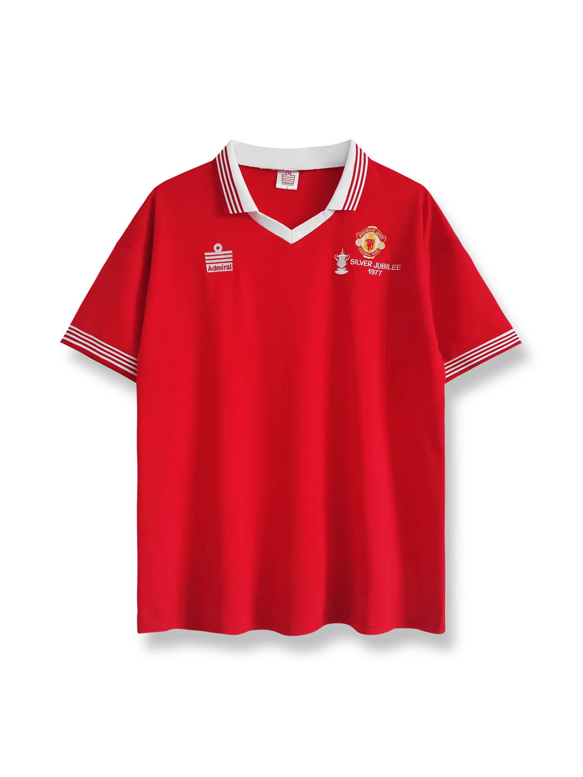 1977シーズンのマンチェスター・ユナイテッドホームユニフォーム、ジョージ・ベスト着用のクラシックサッカージャージ