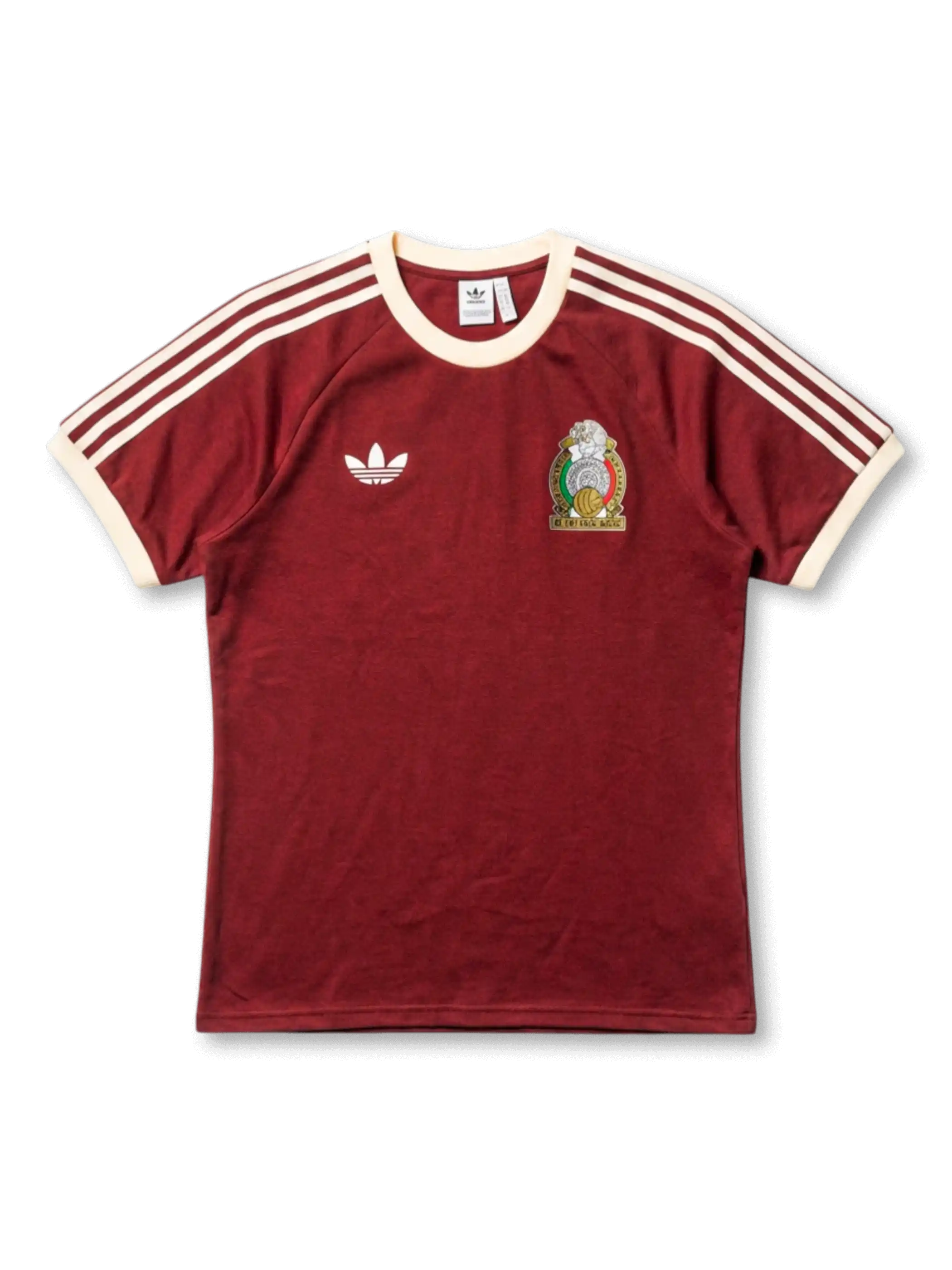 メキシコ代表×adidas Originals復刻ライフスタイルTシャツ正面・バーガンディ、クリームホワイト3本ストライプ袖・FMFヴィンテージエンブレム・背面MÉXICOアーチテキスト