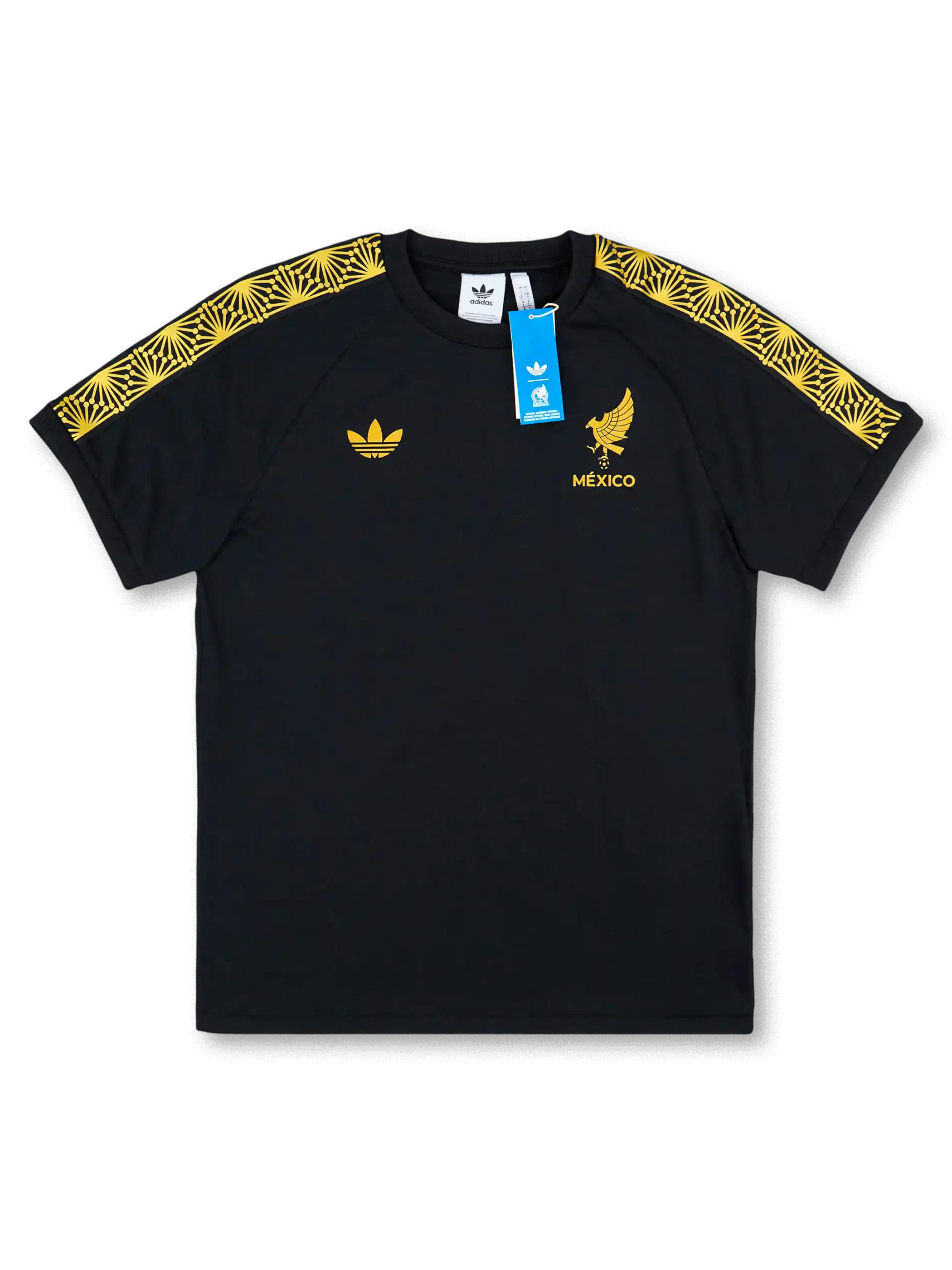 メキシコ代表×adidas Originalsスペシャルエディション正面、ブラック×ゴールドマンダラ幾何学肩ストライプ・トレフォイルロゴ・FMFイーグルエンブレム・タグ付き未使用