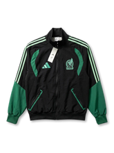 メキシコ代表×adidasトレーニングトラックジャケット正面・ブラック×グリーン、ミントグリーン3本ストライプ・グラフィックパネル・FMFイーグルエンブレム・タグ付き未使用