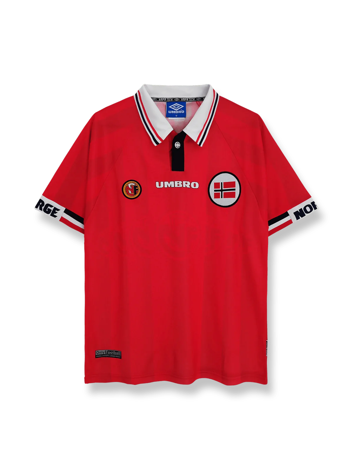 1998-99シーズンのノルウェー代表ホームユニフォーム、オーイェ・エイブラハムセン・ハーゲ・フロ着用、伝統的な赤基調のデザイン