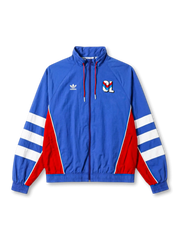 オランピック・リヨネ adidas Originals 復刻トラックジャケット ロイヤルブルー — レッド脇パネルとホワイト3ストライプ、ヴィンテージOLバッジ刺繍を配した復刻ライフスタイルライン