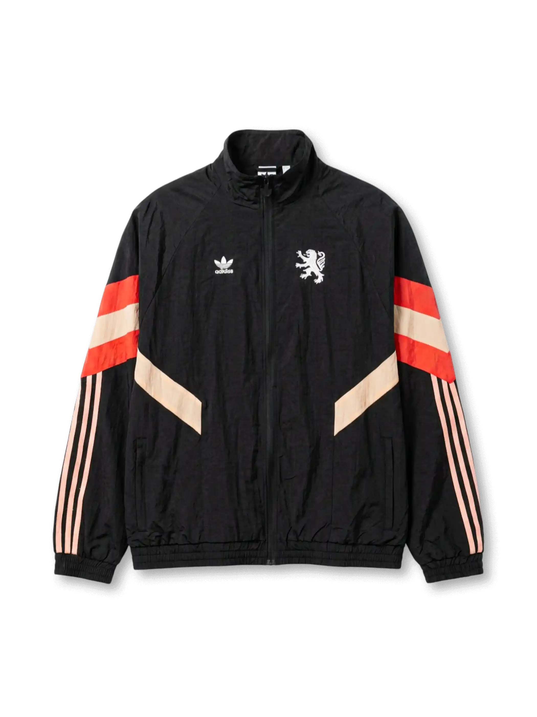 オランピック・リヨン adidas Originals ウィンドブレーカー正面、ブラック×赤ベージュシェブロン・白ライオン刺繍エンブレム