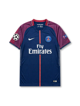 パリ・サンジェルマン 2017-18 ホーム UEFAチャンピオンズリーグ仕様 ネイマールJR.10番 フロント(ネイビー×ボルドー袖+Fly Emirates+Nikeスウッシュ+PSGエッフェル塔・クラブクレスト+センター・ヘリンボーン・パイピング+UCLスターボールパッチ+UEFA RESPECT)