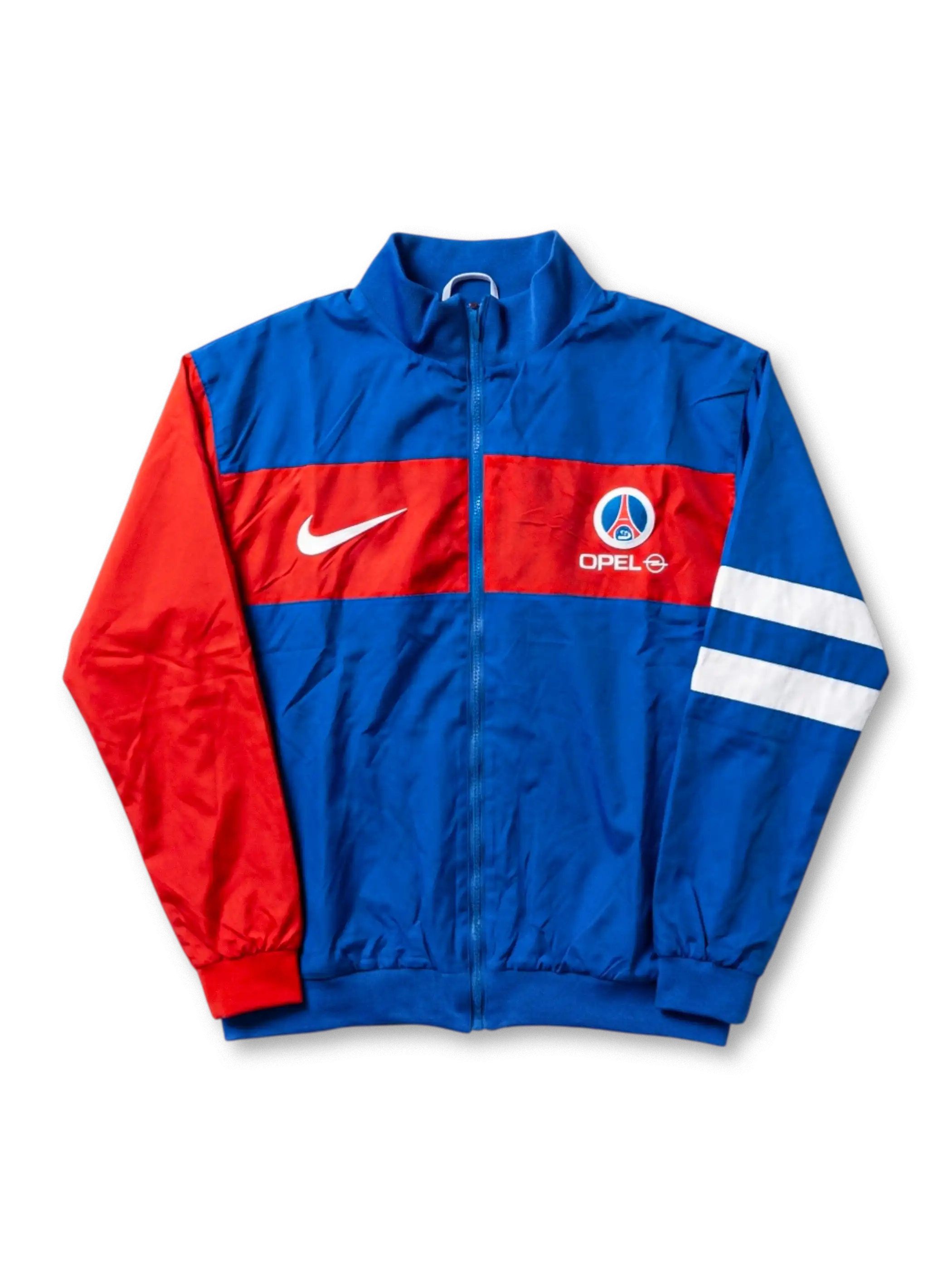 パリ・サンジェルマン Nike ヴィンテージトラックジャケット ロイヤルブルー/レッド 前面 — Opelスポンサーロゴと旧PSGエンブレムを配した1990年代実物ヴィンテージ