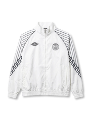 PSG×Jordanウィングストラックジャケット正面・ホワイト×ネイビー、肩袖扇状ネイビーウィング多重ストライプ・Air JordanウィングスロゴPSGエンブレム