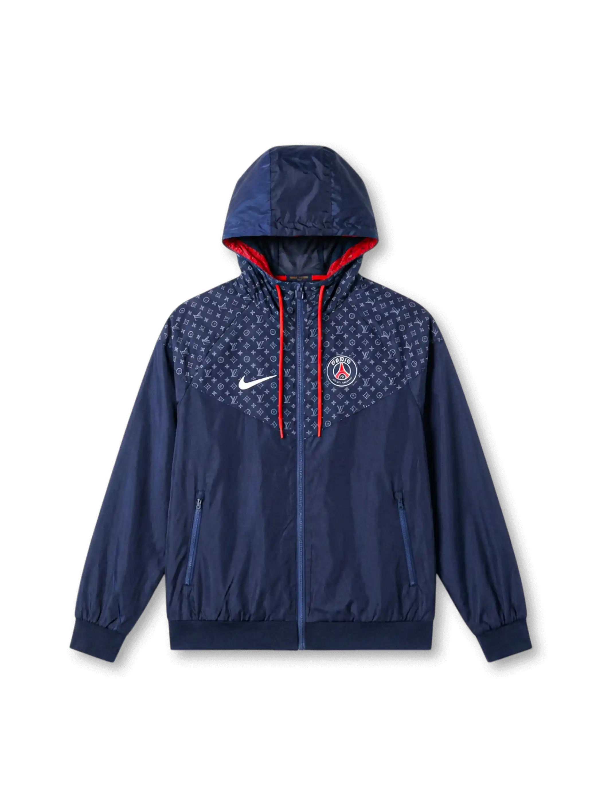 パリ・サンジェルマン × Nike × Louis Vuitton ウィンドランナージャケット ネイビー — LVモノグラムシェブロンパネルとPSGエンブレム刺繍を配した三者構成スペシャルエディション