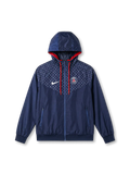 パリ・サンジェルマン × Nike × Louis Vuitton ウィンドランナージャケット ネイビー — LVモノグラムシェブロンパネルとPSGエンブレム刺繍を配した三者構成スペシャルエディション