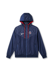 パリ・サンジェルマン × Nike × Louis Vuitton ウィンドランナージャケット ネイビー — LVモノグラムシェブロンパネルとPSGエンブレム刺繍を配した三者構成スペシャルエディション