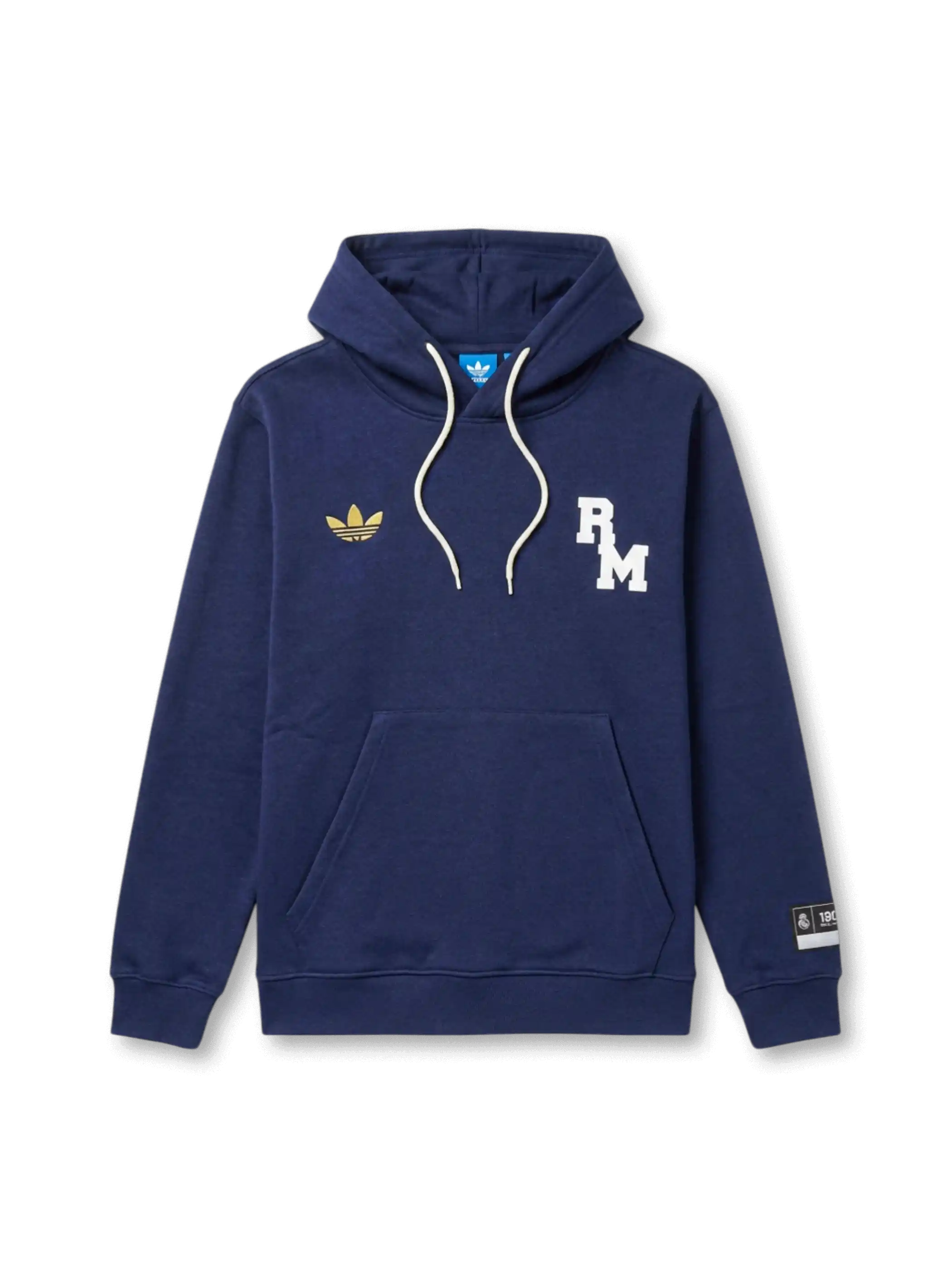 レアル・マドリード adidas Originals カレッジエイトフーディー ネイビー 前面 — ゴールドトレフォイルとRMカレッジ体刺繍