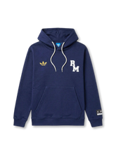 レアル・マドリード adidas Originals カレッジエイトフーディー ネイビー 前面 — ゴールドトレフォイルとRMカレッジ体刺繍