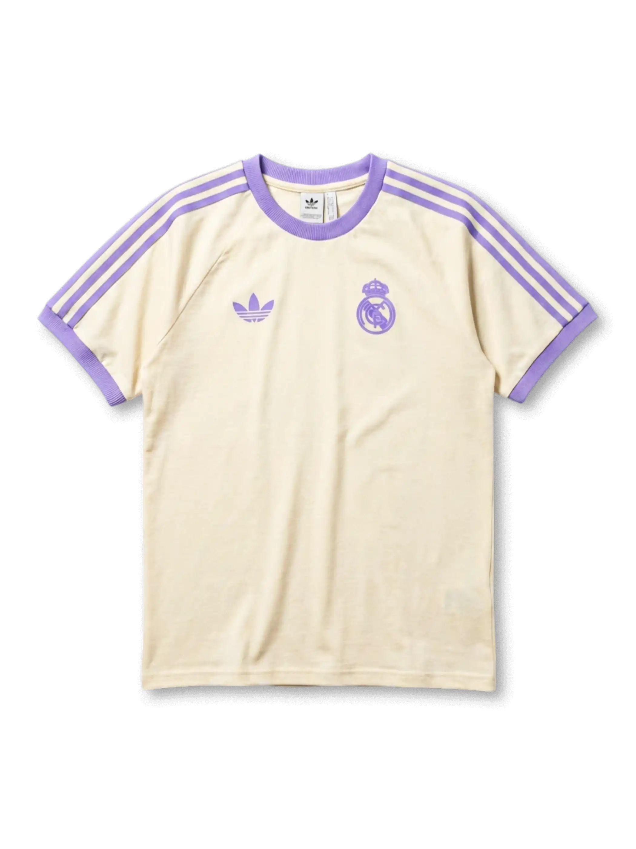 レアル・マドリード×adidas Originals復刻ライフスタイルTシャツ正面・クリーム×パープル、パープル3本ストライプ袖・RMエンブレム・背面REAL MADRIDアーチテキスト