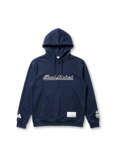 レアル・マドリード adidas Originals スクリプトレタリングフーディー ネイビー — 流麗な筆記体「Real Madrid」刺繍と1902ヘリテージラベルを配した復刻ライフスタイルライン