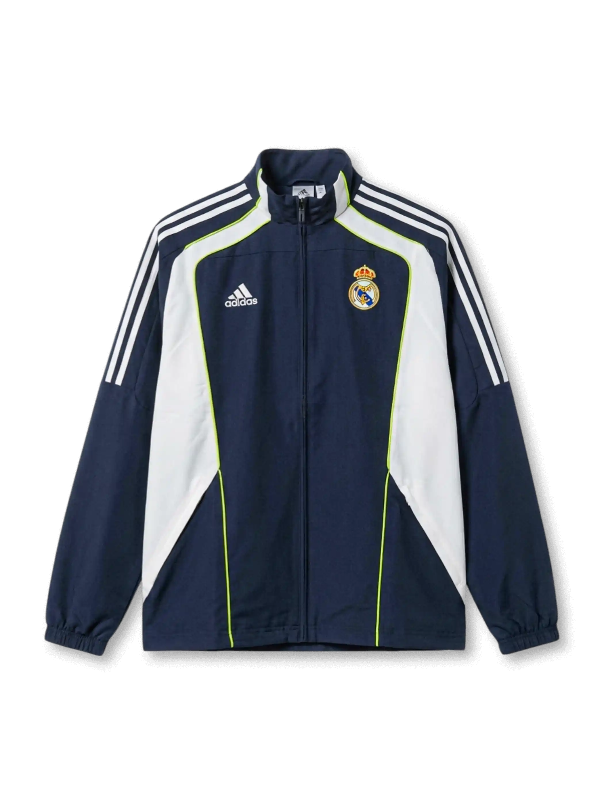 レアル・マドリード×adidas復刻トレーニングトラックジャケット正面・ネイビー×ホワイト、大型カーブパネル・ネオンイエローパイピング・ホワイト3本ストライプ・RMエンブレム