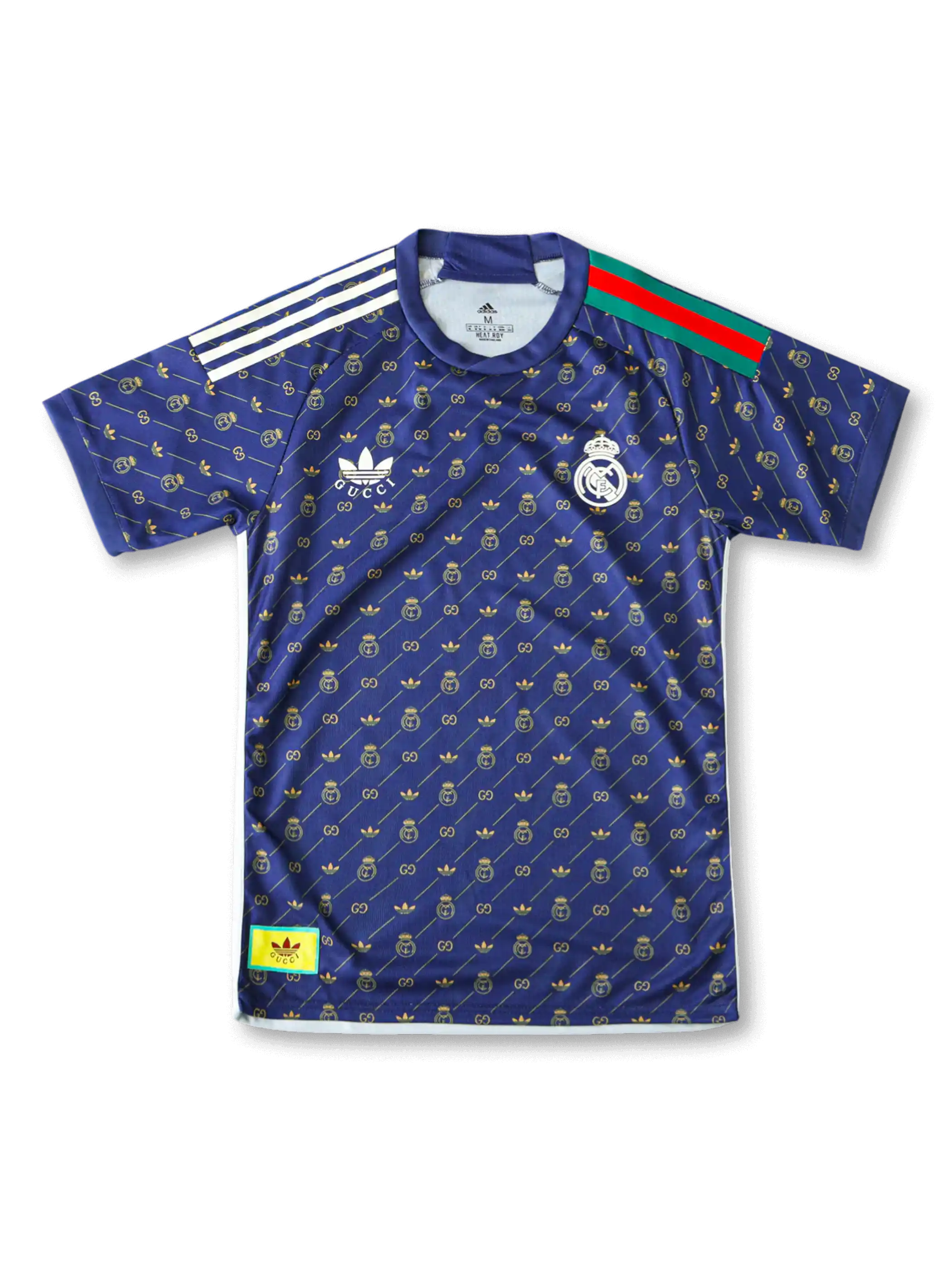 レアル・マドリード×Gucci×adidas Originalsスペシャルエディション正面、ネイビー×GGモノグラム総柄プリント・グリーン赤ウェブストライプ・RMエンブレム・トレフォイルロゴ