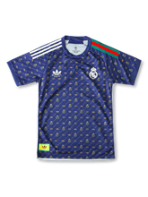 レアル・マドリード×Gucci×adidas Originalsスペシャルエディション正面、ネイビー×GGモノグラム総柄プリント・グリーン赤ウェブストライプ・RMエンブレム・トレフォイルロゴ