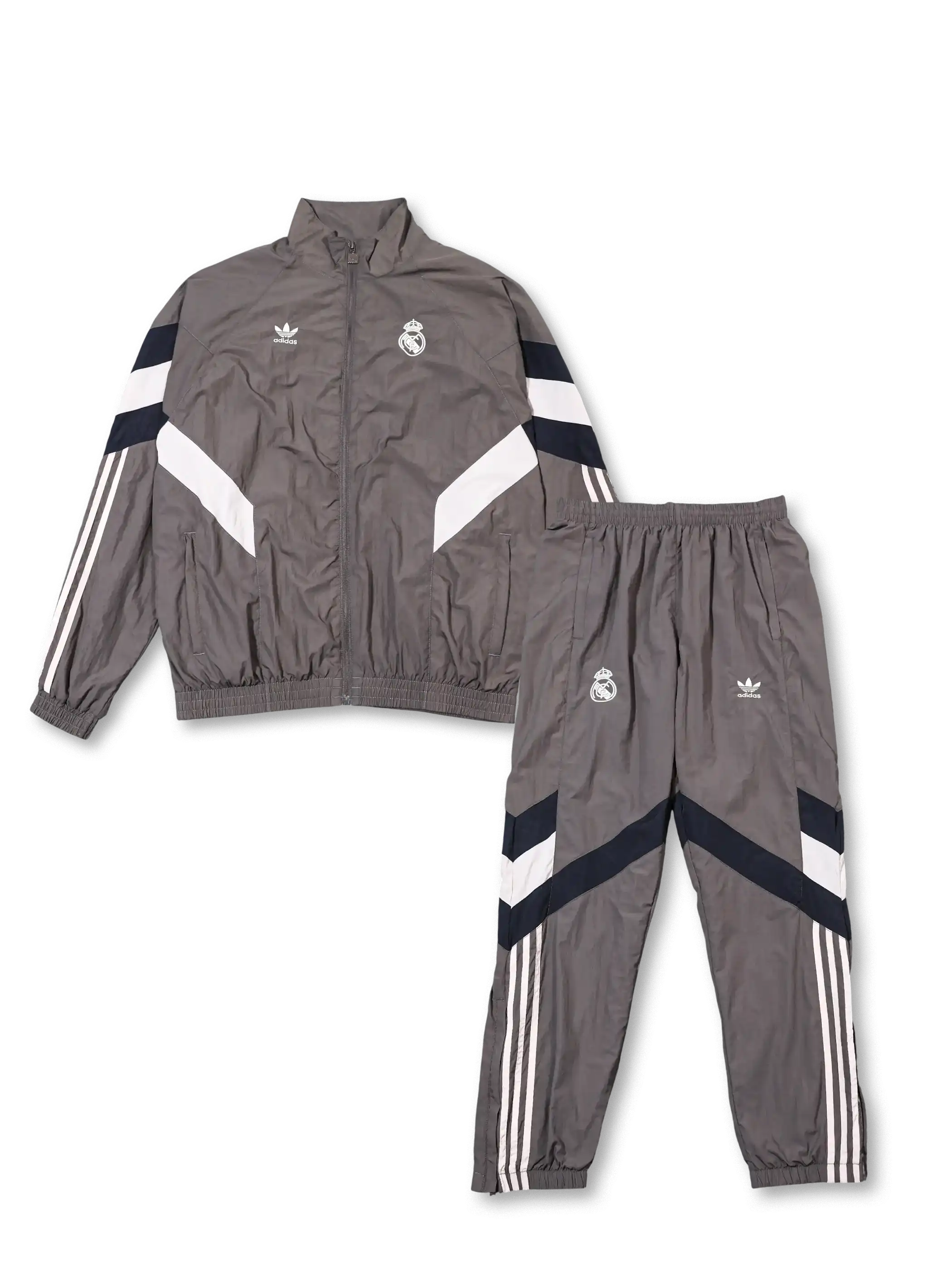 レアル・マドリード レトロ三つ葉ジャージ ジャケット前面 グレー×ネイビー切替