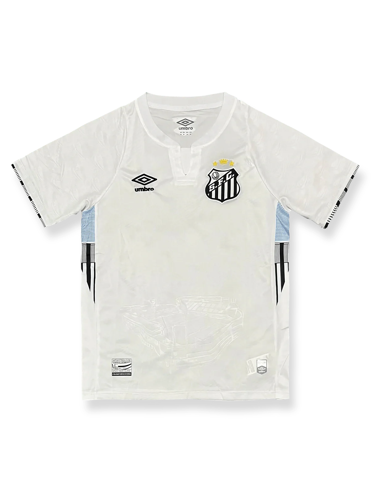 2024/25シーズンのサントスFCアウェイユニフォーム、ヴィラ・ベルミーロスタジアムのグラフィックが施されたデザイン