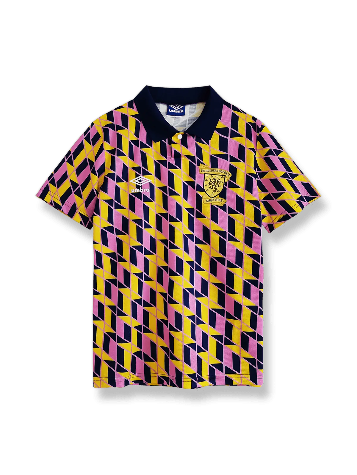 1988-89シーズンのスコットランド代表セカンドアウェイユニフォーム、ケニー・ダルグリッシュ・ゲイリー・マカリスター着用、白基調のアクセントデザイン