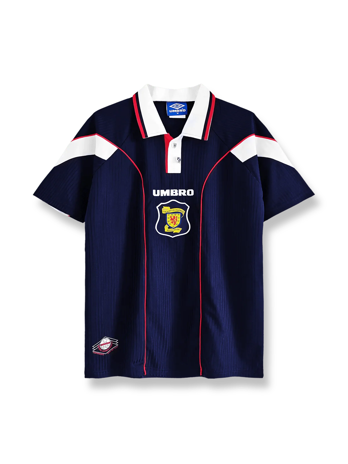 1996-98シーズンのスコットランド代表ホームユニフォーム、バリー・ファーガソン・ジョン・コール着用、伝統的なダークブルーのデザイン