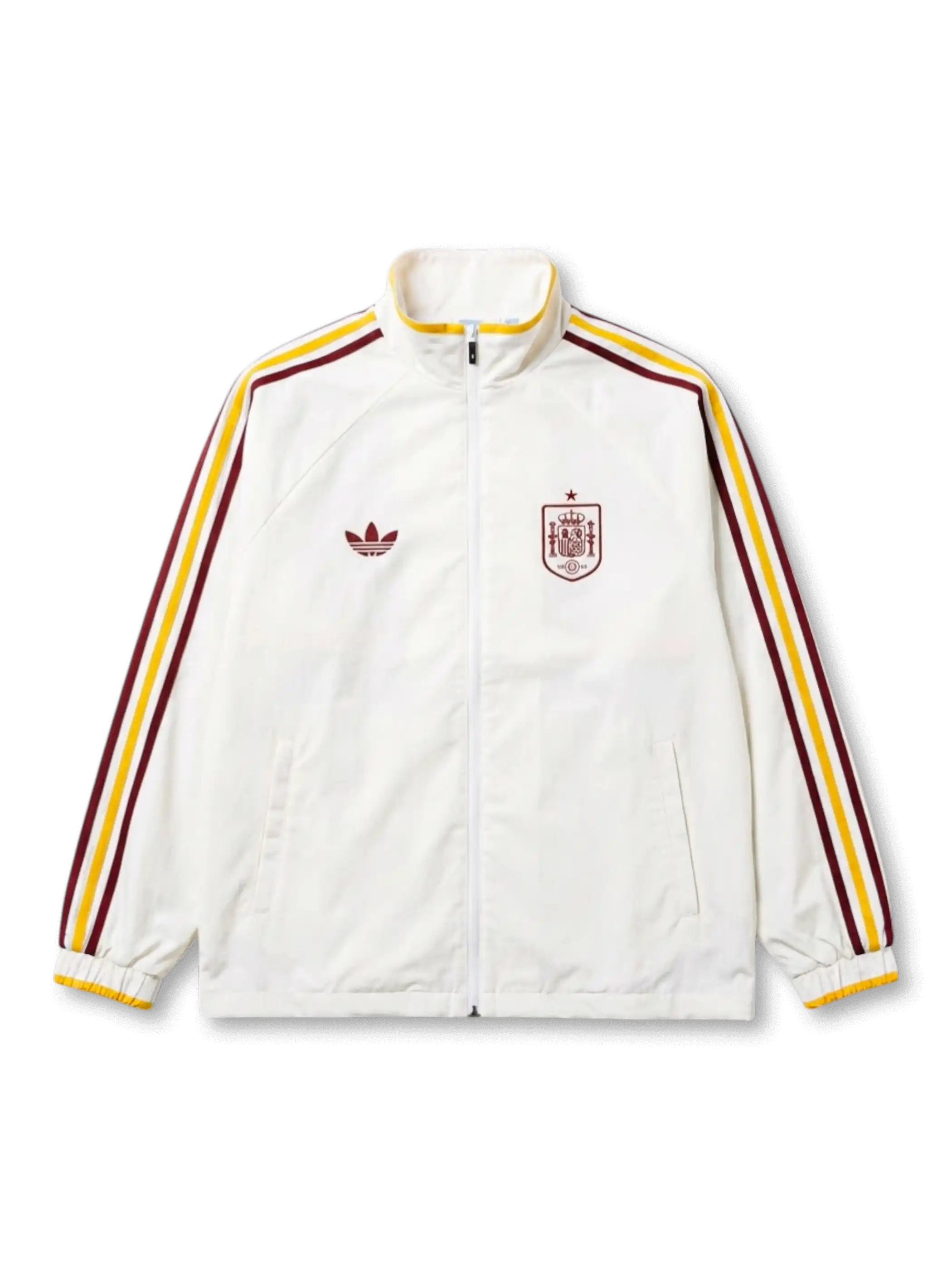 スペイン代表×adidas Originals復刻トラックジャケット正面・クリーム、バーガンディ×イエロー2本ストライプ袖・RFEFヴィンテージエンブレム・イエロー袖口リブ