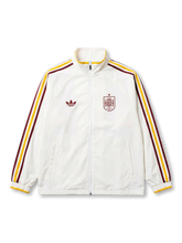 スペイン代表×adidas Originals復刻トラックジャケット正面・クリーム、バーガンディ×イエロー2本ストライプ袖・RFEFヴィンテージエンブレム・イエロー袖口リブ