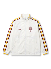 スペイン代表×adidas Originals復刻トラックジャケット正面・クリーム、バーガンディ×イエロー2本ストライプ袖・RFEFヴィンテージエンブレム・イエロー袖口リブ